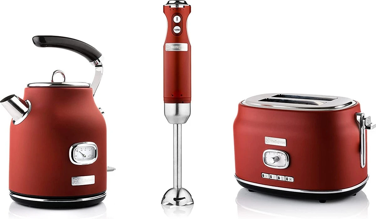 Westinghouse Retro Waterkoker + Broodrooster 2 Sleuven + Staafmixer - Rood 1 Westinghouse Retro Waterkoker + Broodrooster 2 Sleuven + Staafmixer - Rood