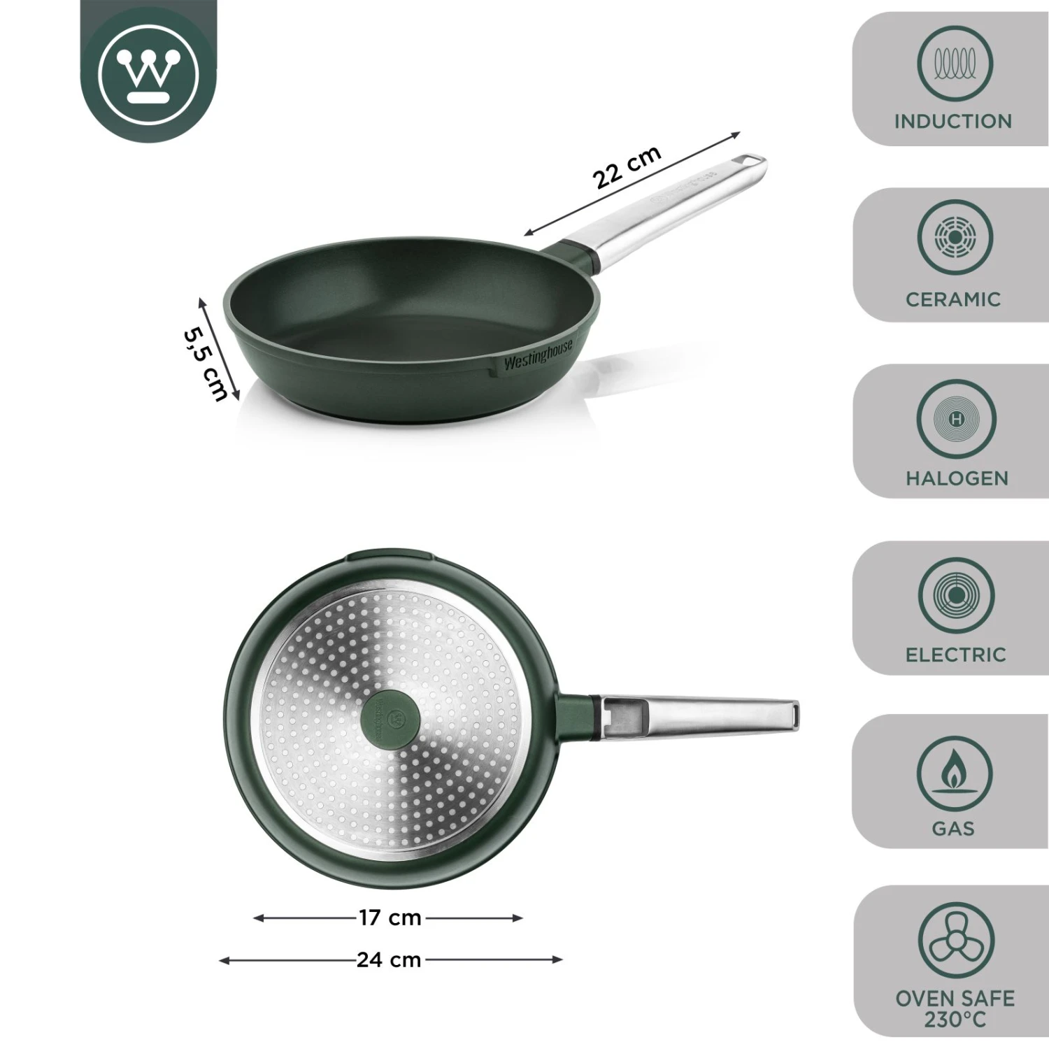 Westinghouse Koekenpan Performance - Gracious Green - ø 24 Cm - Standaard Anti-aanbaklaag 2 Westinghouse Koekenpan Performance - Gracious Green - ø 24 Cm - Standaard Anti-aanbaklaag - Afbeelding 2